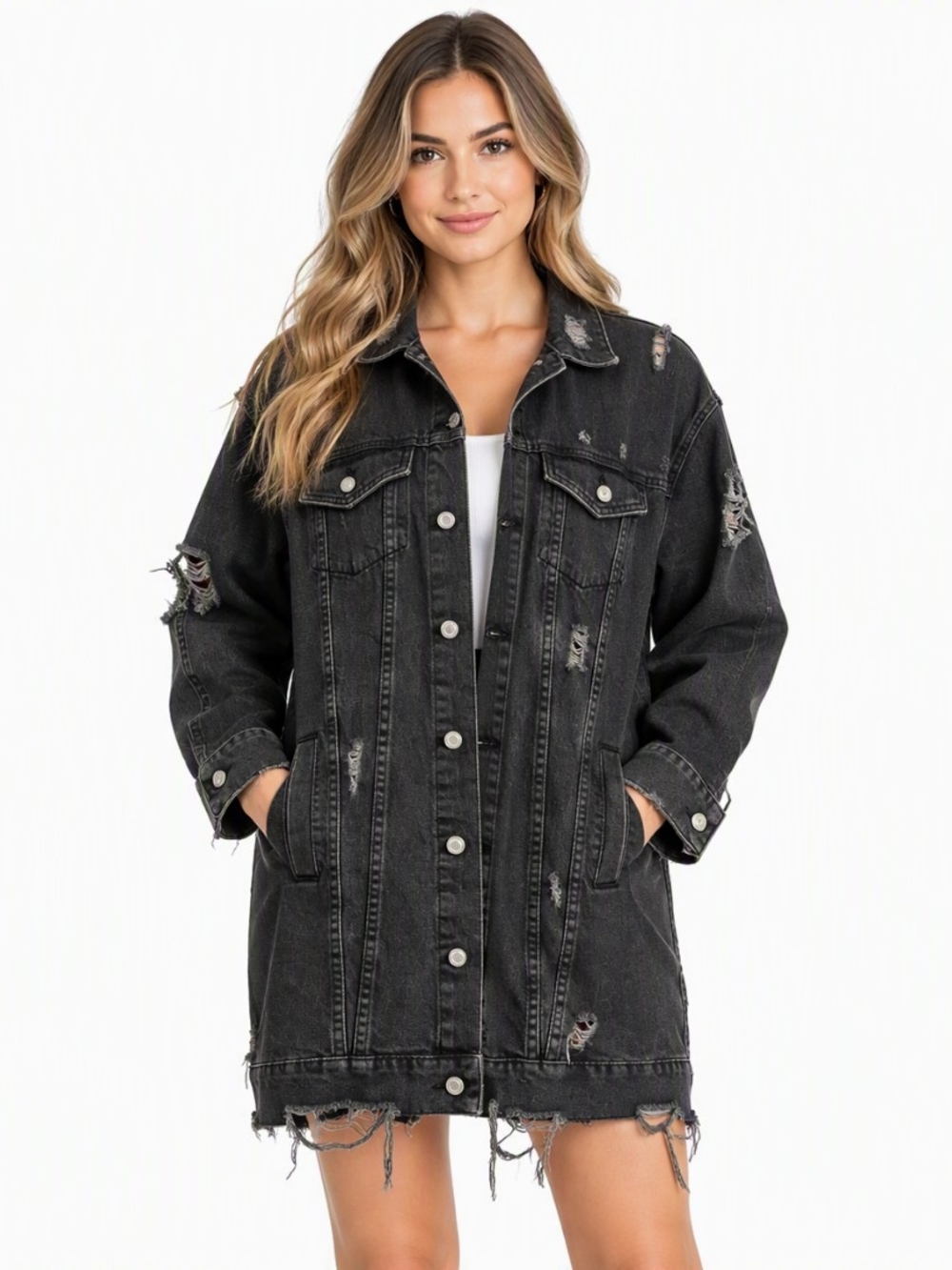 Zara Denim Jacket Womens Med Black Thrashed Long Jean Jacket Goth Emo